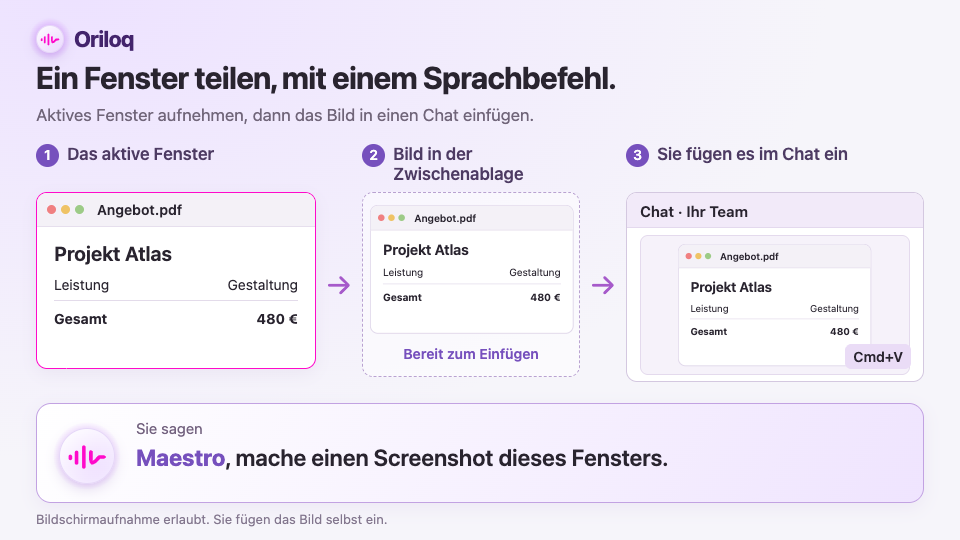 Das aktive Fenster mit Maestro aufnehmen und das Bild anschließend mit Cmd+V in einen Chat einfügen.