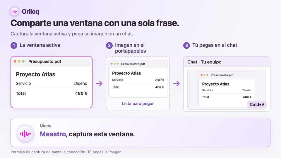 Capturar la ventana activa con Maestro y pegar su imagen en un chat con Cmd+V.