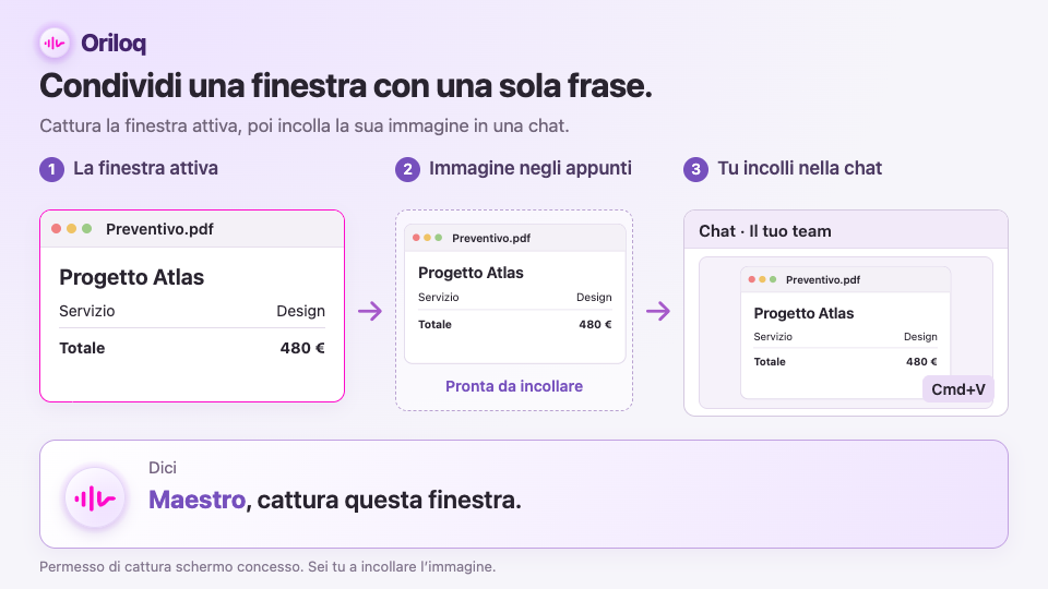 Acquisire la finestra attiva con Maestro e incollare la sua immagine in una chat con Cmd+V.