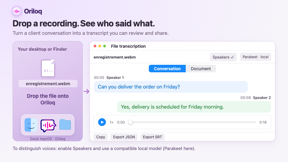 Drag a recording onto the Oriloq Dock icon and see each speaker’s turns in the transcription window.