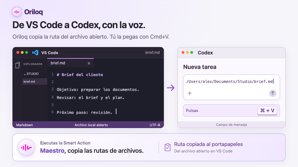 Obtener la ruta del archivo ya abierto en VS Code con «Maestro, copia las rutas» y luego pegarla en Codex con Cmd + V.