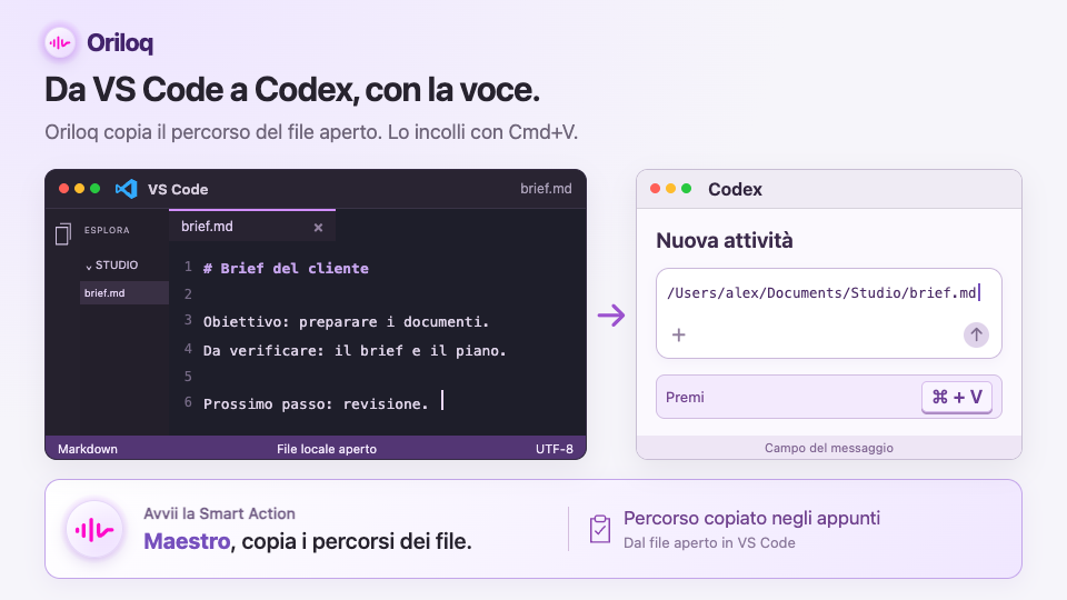 Recuperare il percorso del file già aperto in VS Code con «Maestro, copia i percorsi», poi incollarlo in Codex con Cmd + V.