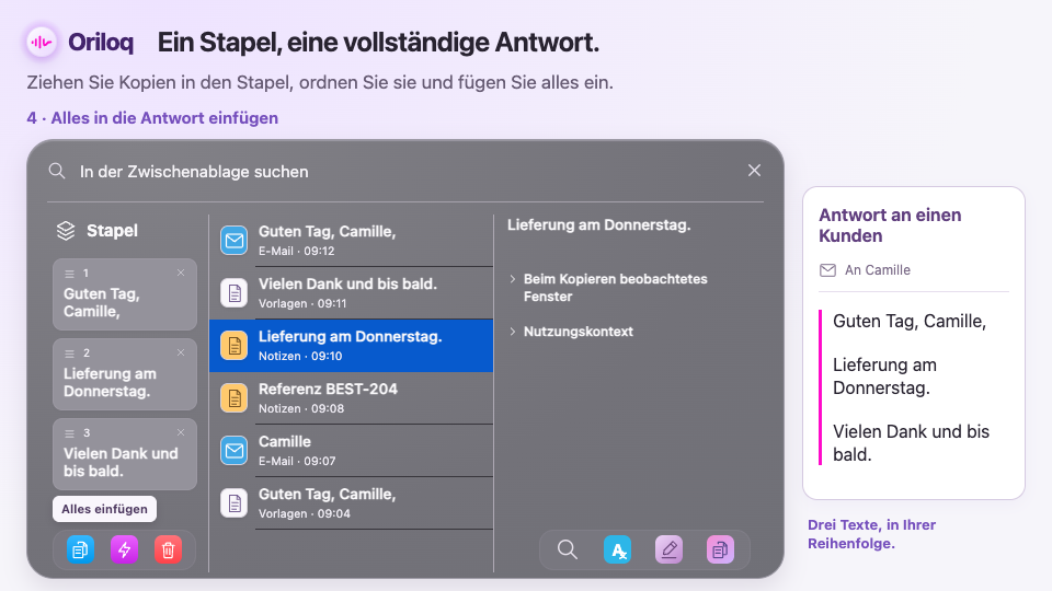 Drei Texte zusammenstellen, ihre Reihenfolge festlegen und sie gemeinsam in eine Antwort an einen Kunden einfügen.