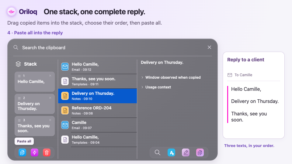 Combine three pieces of text, choose their order and paste them together into a reply to a customer.