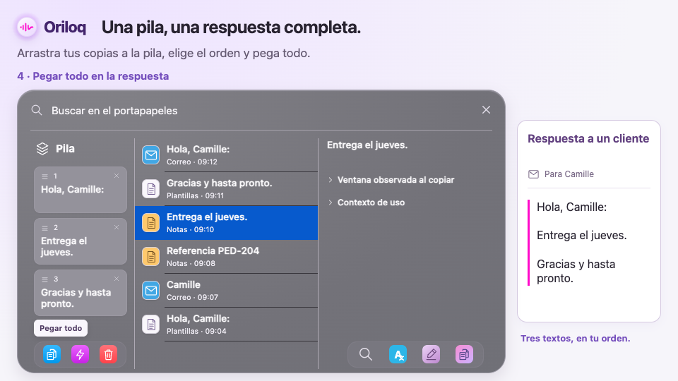 Reunir tres textos, elegir su orden y pegarlos juntos en una respuesta a un cliente.