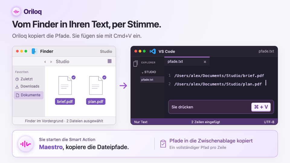 Zwei Dateien im Finder auswählen, „Maestro, kopiere die Pfade“ sagen und dann ihre Pfade mit Cmd + V in VS Code einfügen.