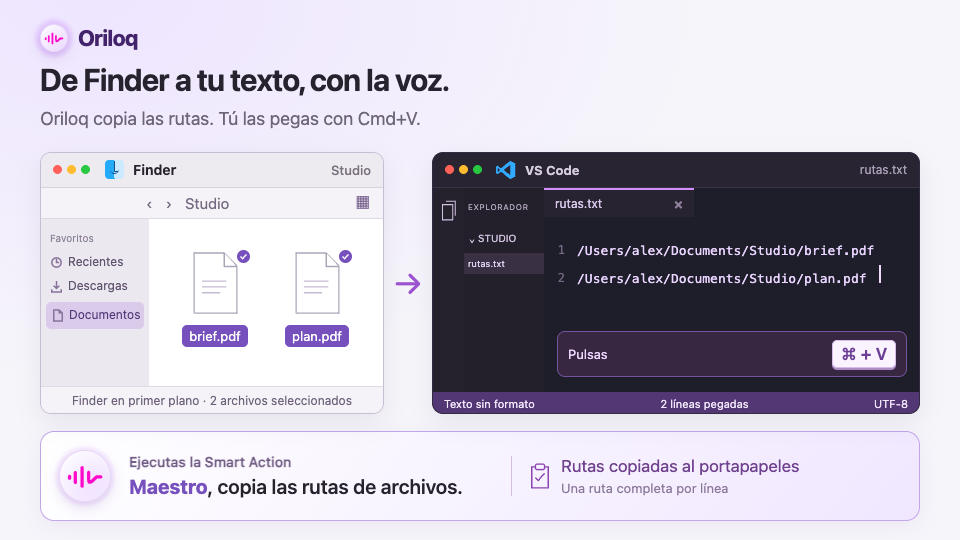 Seleccionar dos archivos en Finder, decir «Maestro, copia las rutas» y luego pegar sus rutas en VS Code con Cmd + V.