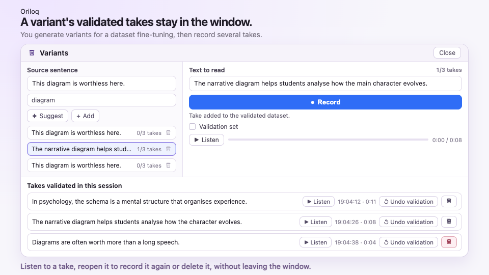 Add a validated take in Variants, listen to it, reopen it to record it again, then delete the take that does not fit.