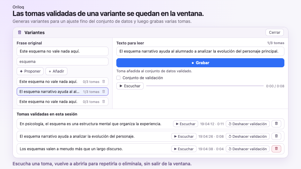 Añadir una toma validada en Variantes, escucharla, abrirla de nuevo para repetirla y eliminar la toma que no encaja.