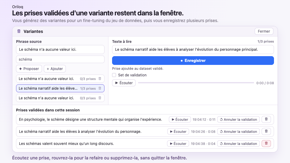Ajouter une prise validée dans Variantes, l'écouter, la rouvrir pour la refaire, puis supprimer la prise qui ne convient pas.