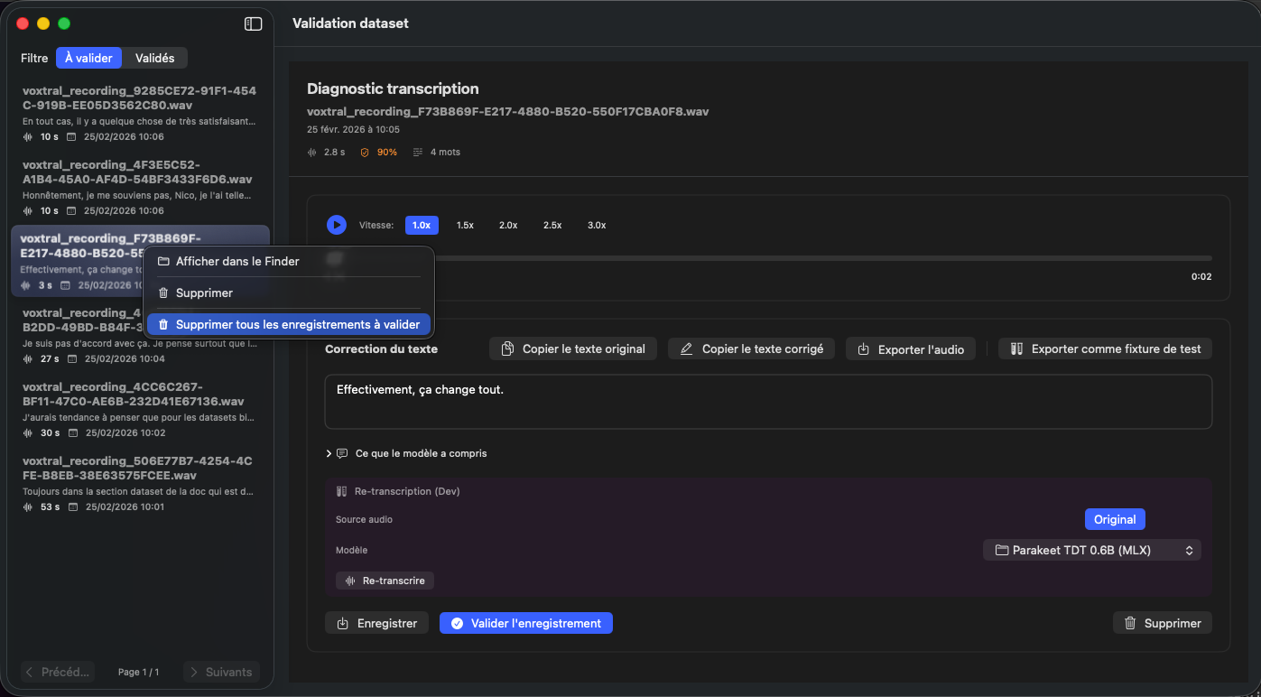 Menú contextual clic derecho en la lista de datasets – Mostrar en el Finder, Eliminar, Eliminar todas las grabaciones por validar