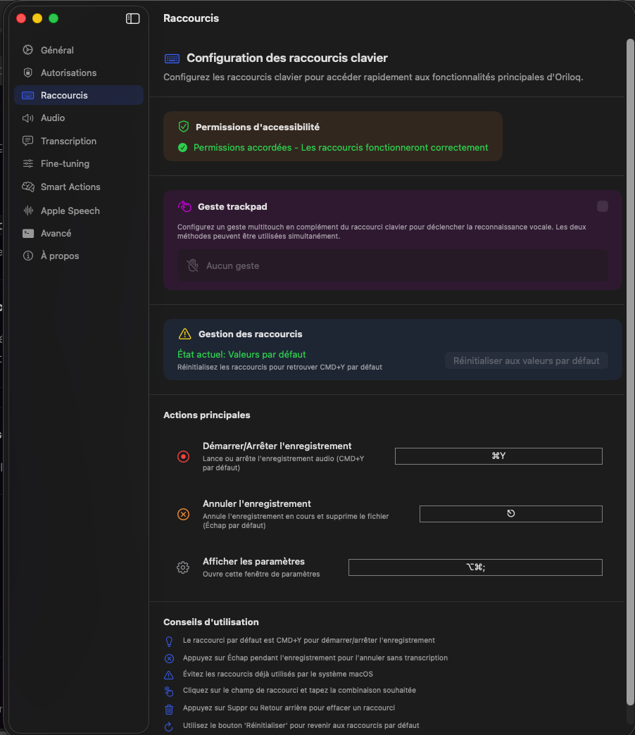 Oriloq shortcuts settings screen