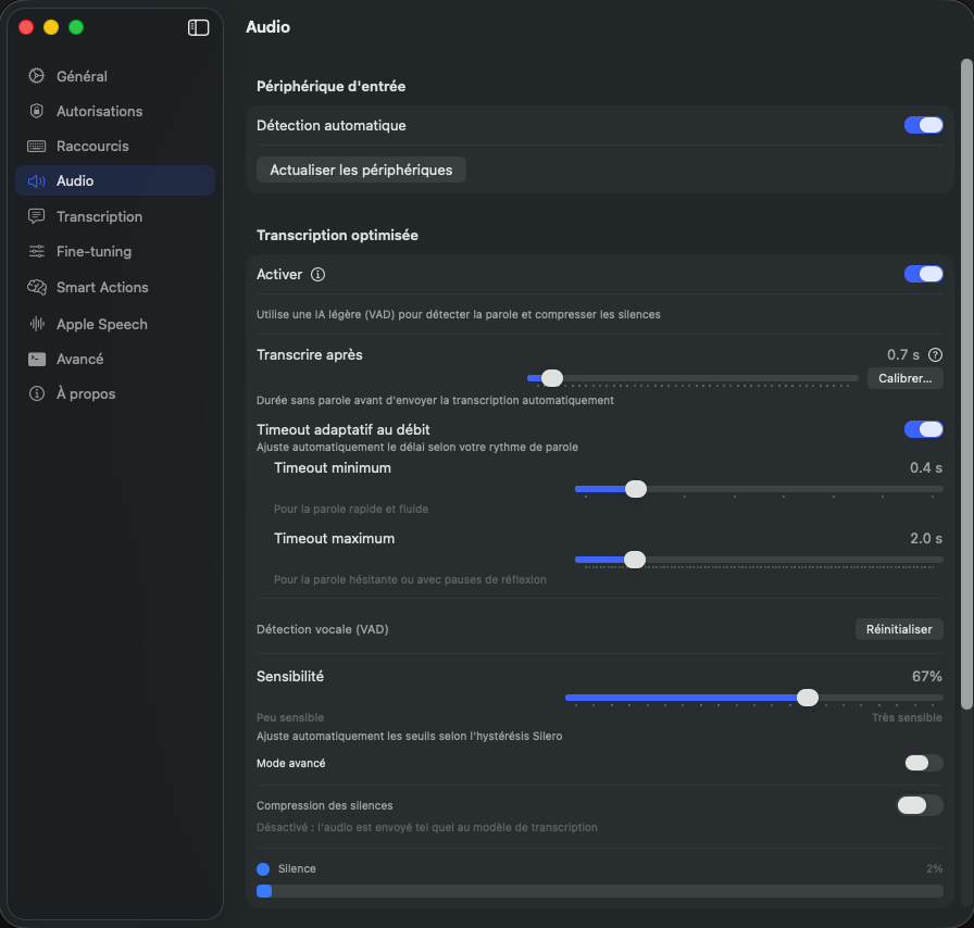 Oriloq audio settings – input device, optimized transcription and voice detection