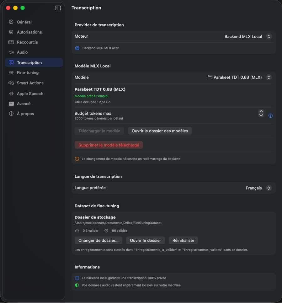 Oriloq Transkriptionseinstellungen – Provider, MLX-Modell, Sprache und Datensatz